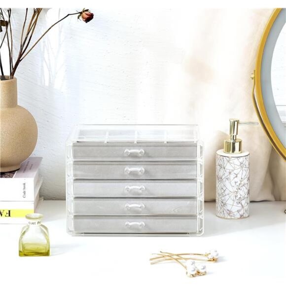 Clear Acrylic Jewelry Box Earring Organizer with Velvet Trays 5 Drawer Storage - Picture 6 of 7